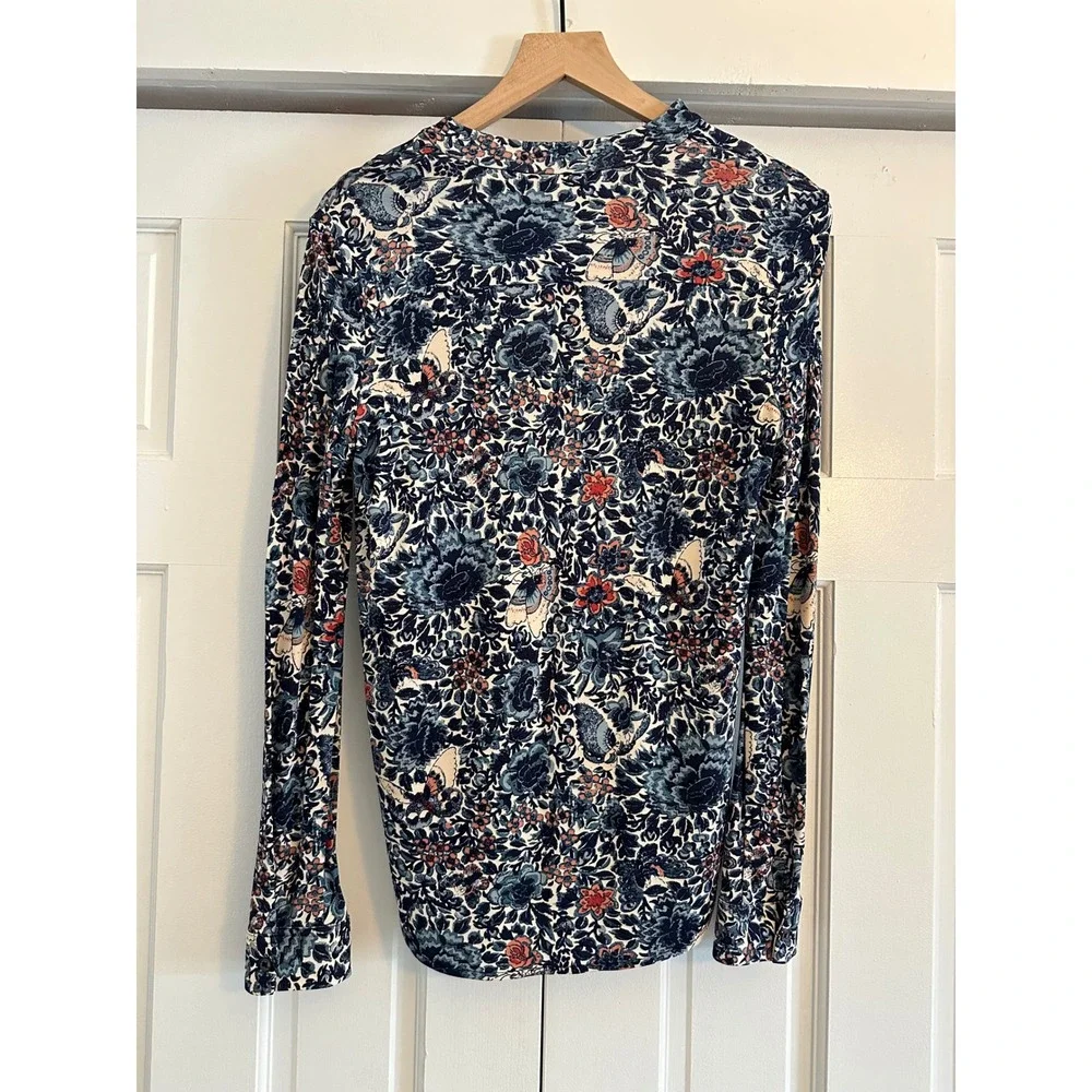 Tory Burch XS Navy Blue‎ Floral Butterfly Rayon Silk Trim V-Neck Blouse Top